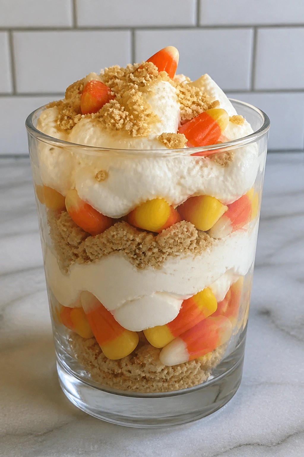 Candy Corn Parfait with Whipped Cream and Crumbs