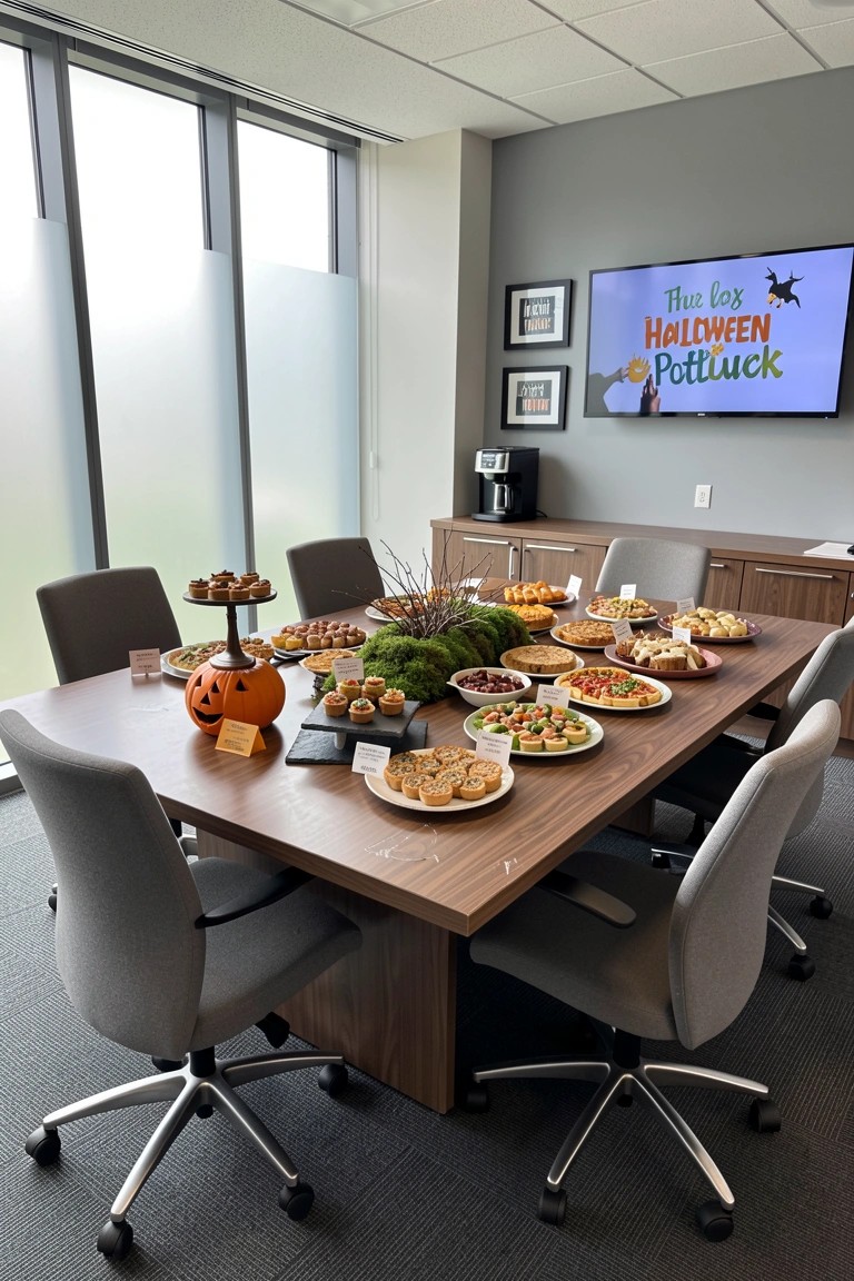 A long wooden table in an office conference room holds multiple platters of food with a carved pumpkin nearby and gray rolling chairs around it.