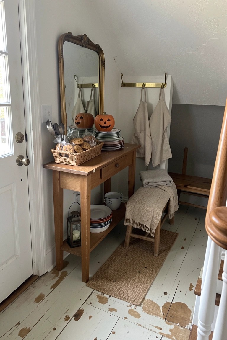 A wooden console table in a white entryway holds stacked plates and bowls, two small jack-o'-lanterns, and a basket of cookies, with aprons hanging on hooks above.