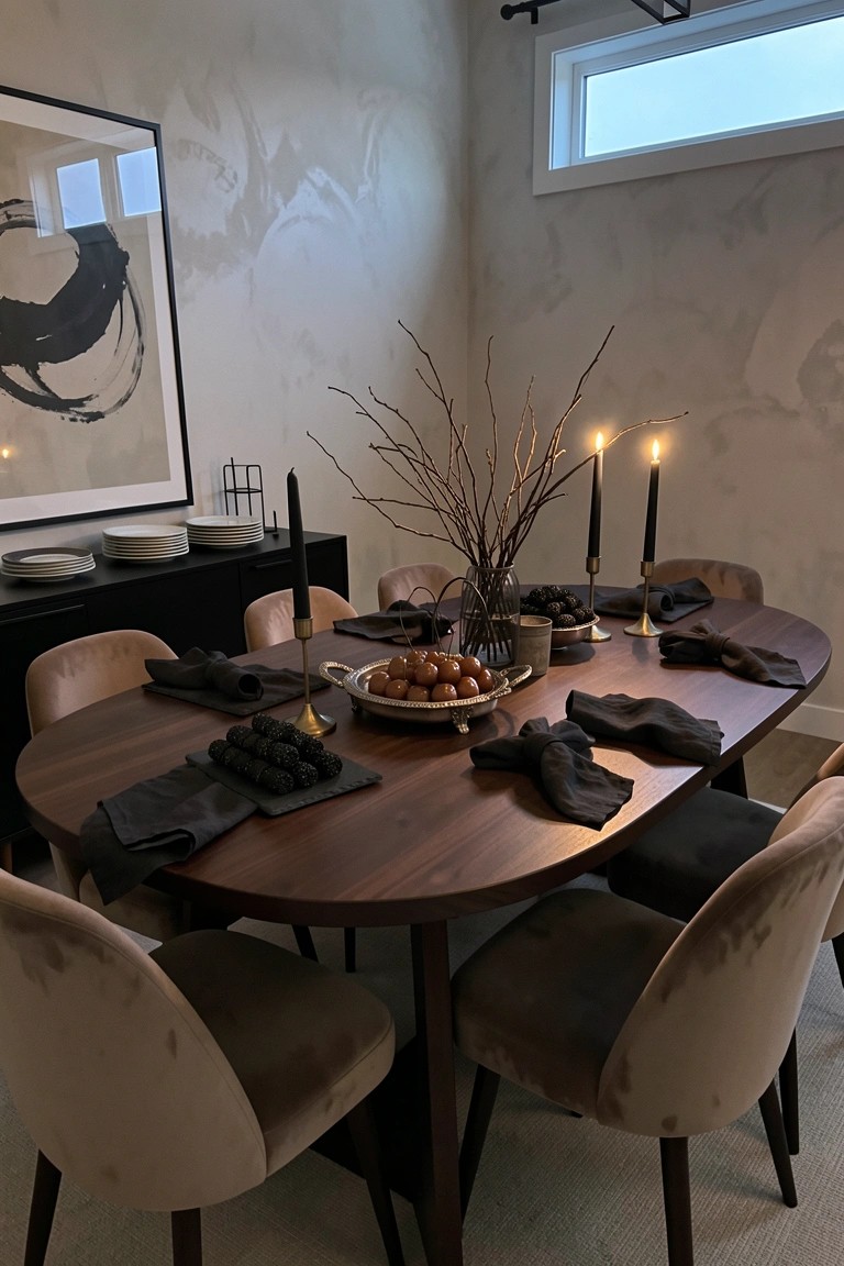 A wooden dining table set with black candles, dark napkins, and bowls of berries in a neutral room with beige chairs.