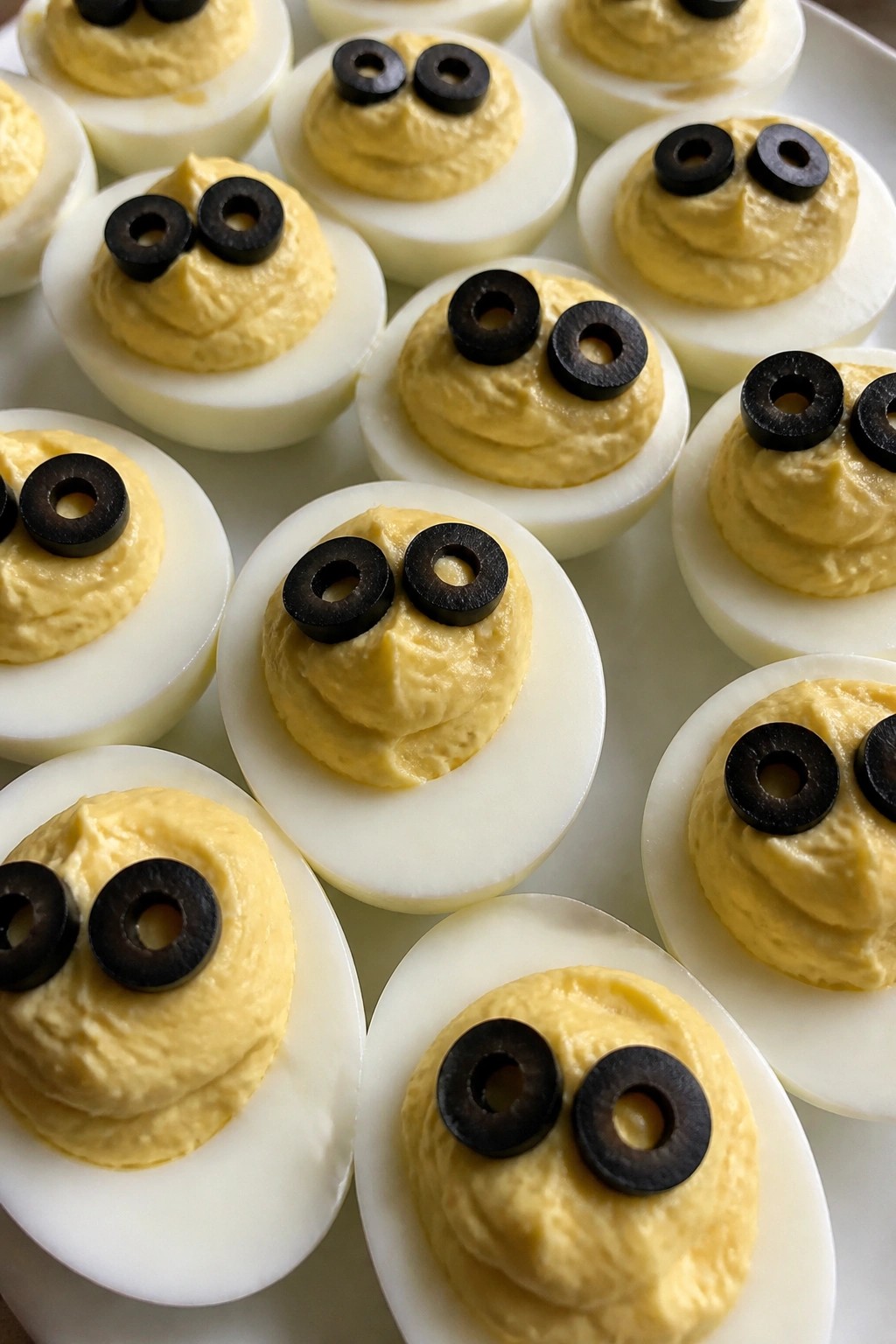 Ghostly Deviled Eggs with Black Olive Eyes