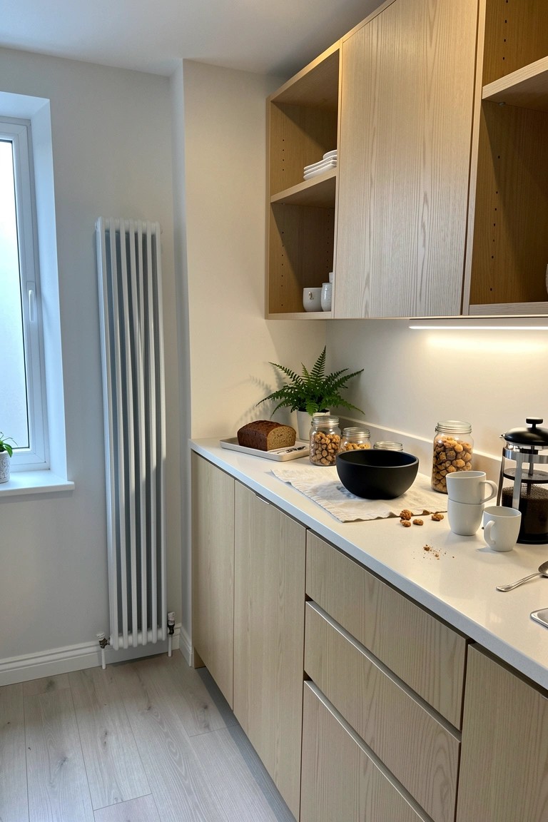 A kitchen interior with light wood cabinets, open upper shelves holding white dishes, and a white countertop with jars and a black bowl.