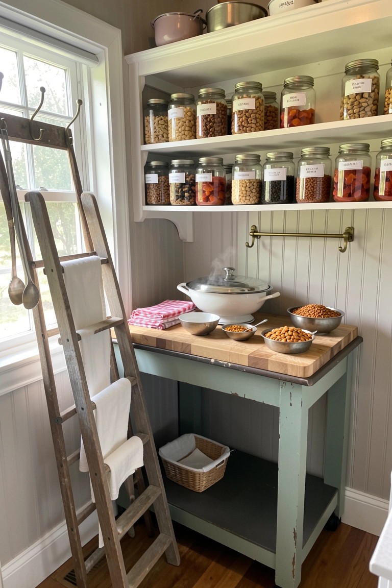 A kitchen corner with white open shelves holding rows of labeled glass jars filled with beans and grains, a green table holding metal bowls and a lidded pot, and a wooden ladder with white towels beside a window.