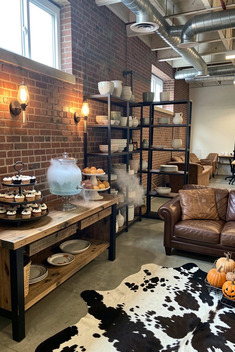 Industrial lounge with brick walls, leather couch, wooden table of cupcakes and pottery shelves