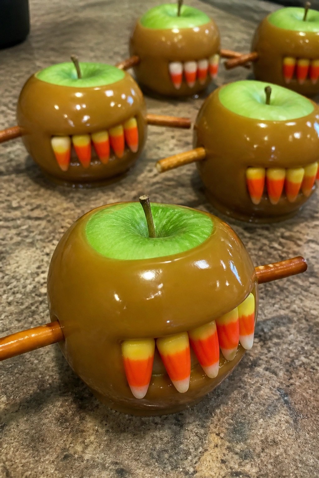 Caramel Apple Monsters with Candy Teeth and Pretzel Sticks