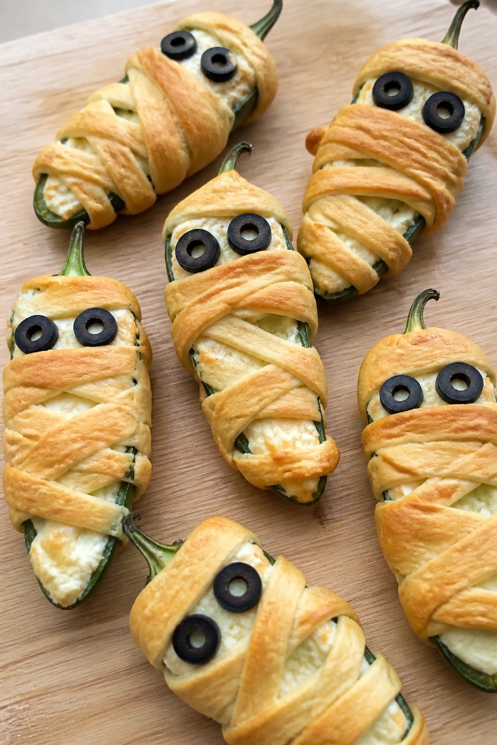 Mummy-Wrapped Jalapeño Poppers with Cream Cheese Filling