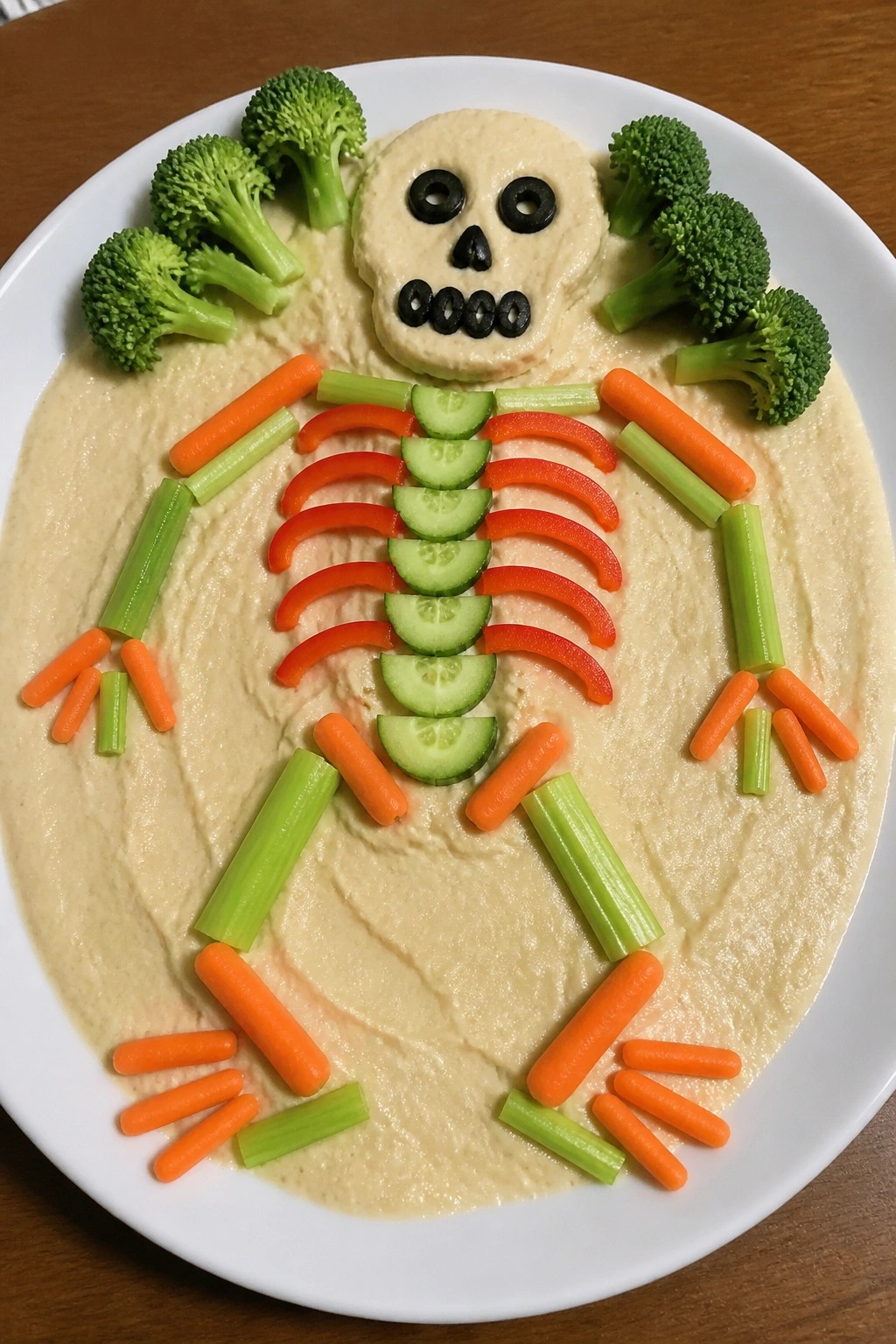 Skeleton Veggie Platter with Hummus and Black Olive Details