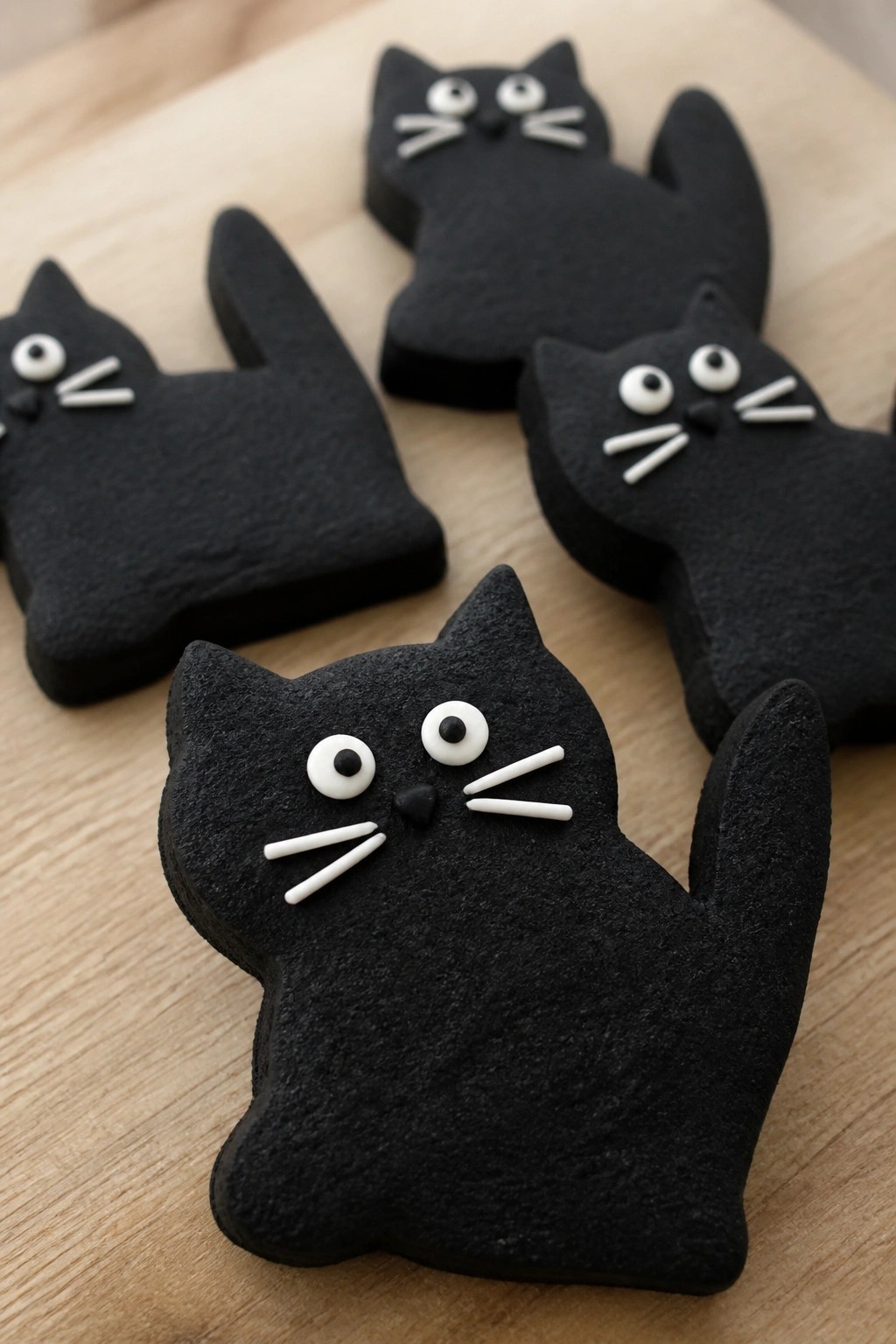 Almond Black Cat Cookies with Fondant Whiskers and Eyes