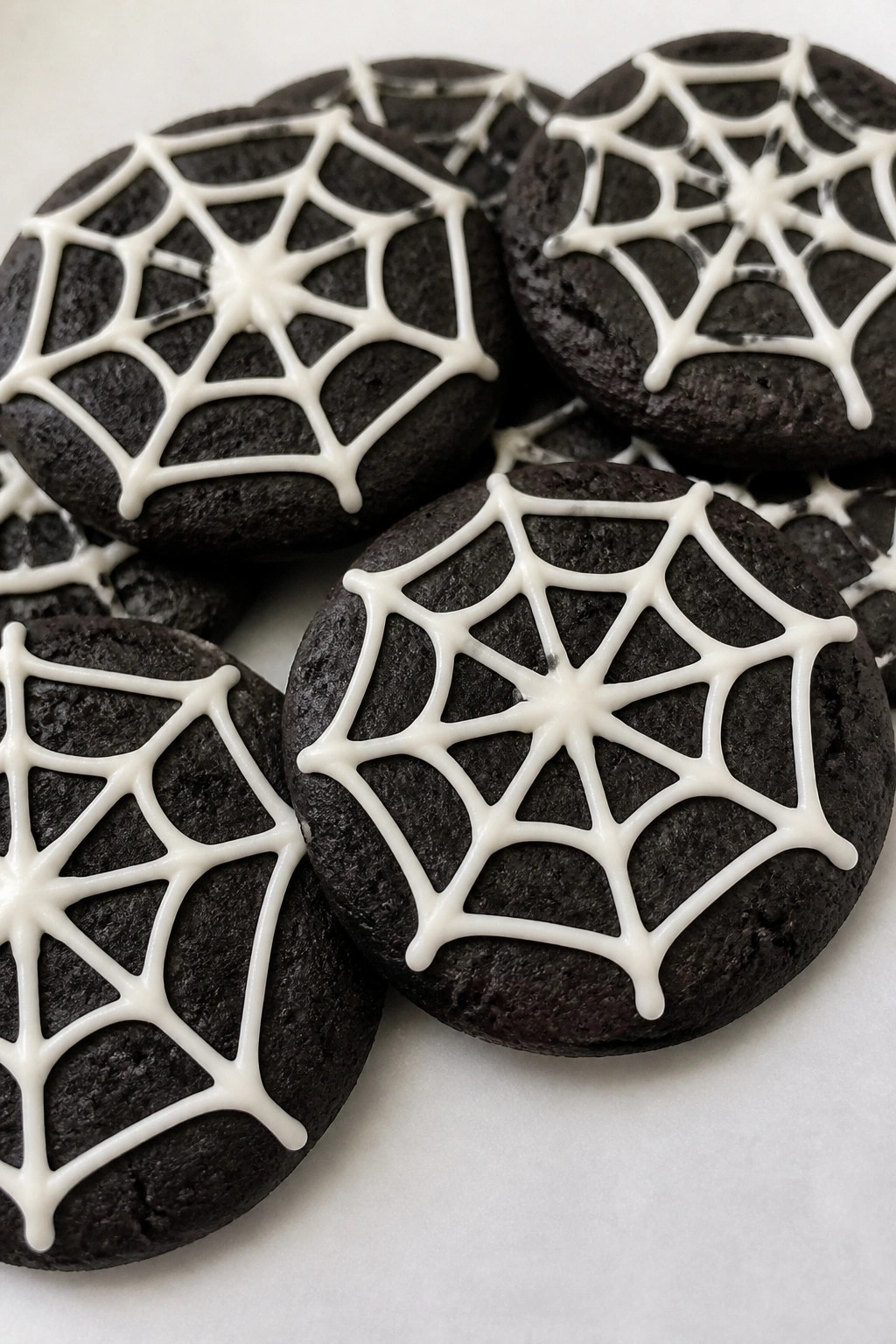 Black Cocoa Spiderweb Cookies with White Piping Details