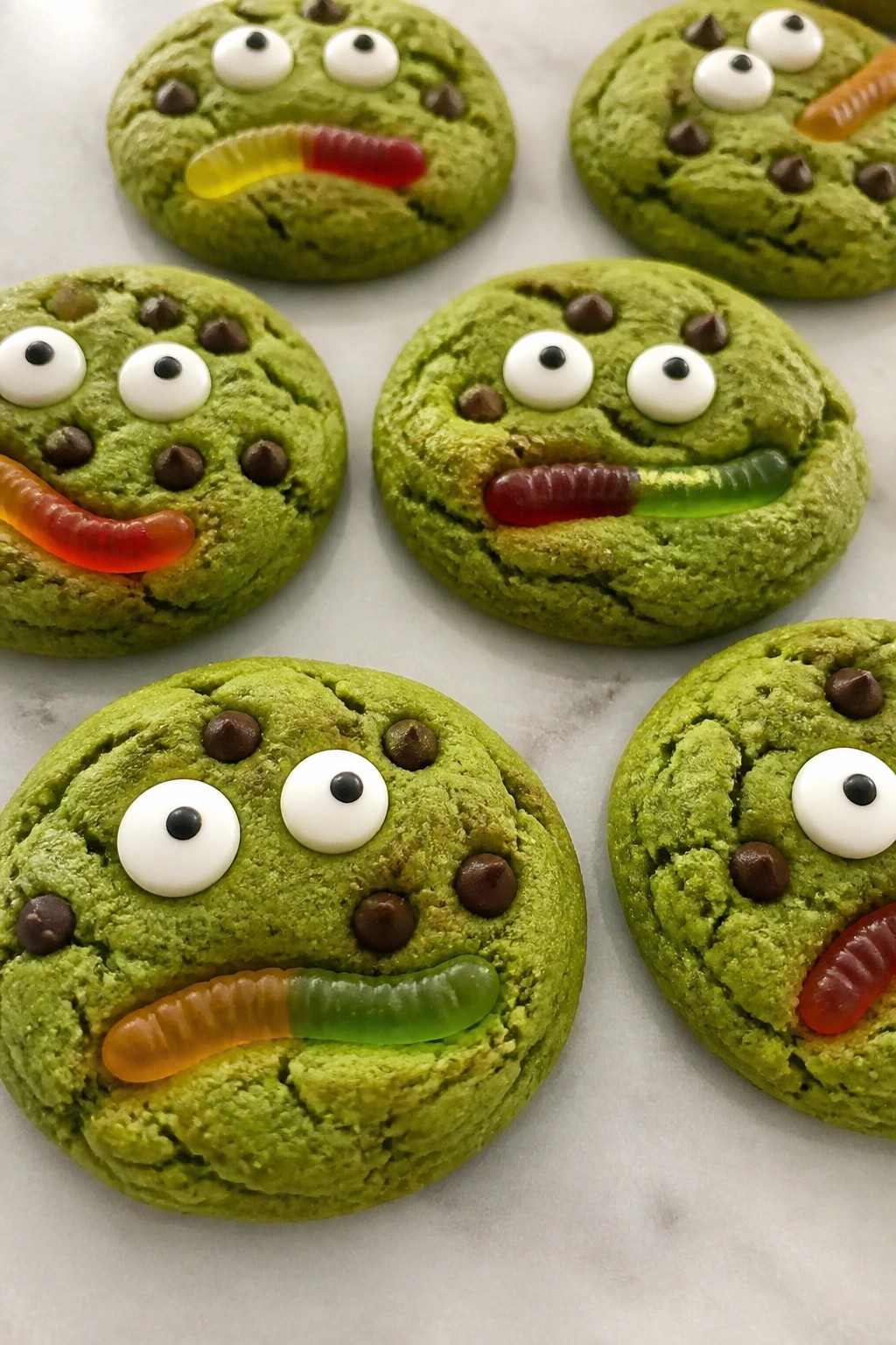 Matcha Monster Face Cookies with Candy Feature Toppings
