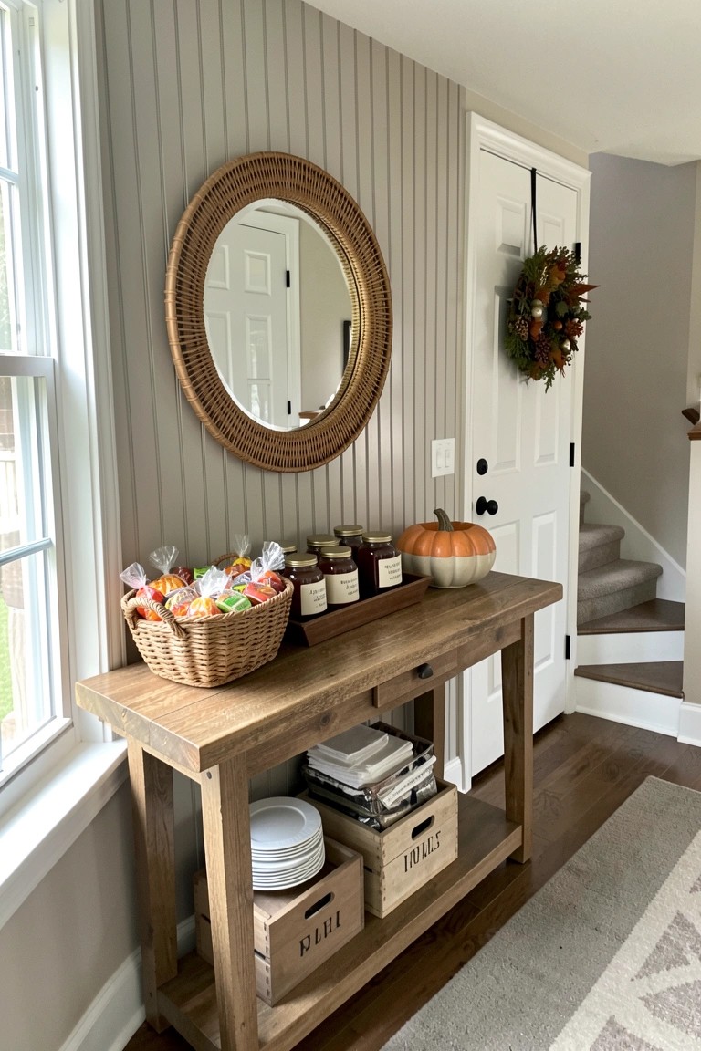 A wooden console table stands against a gray paneled wall in an entryway, topped with a basket and jars, with crates stored underneath and a round mirror above.