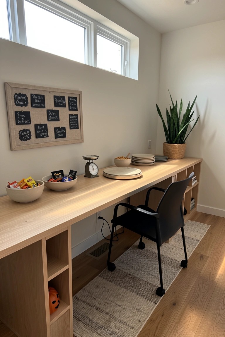 A long light wood built-in counter with open cubby storage below holds bowls of snacks and plates beside a black chair.