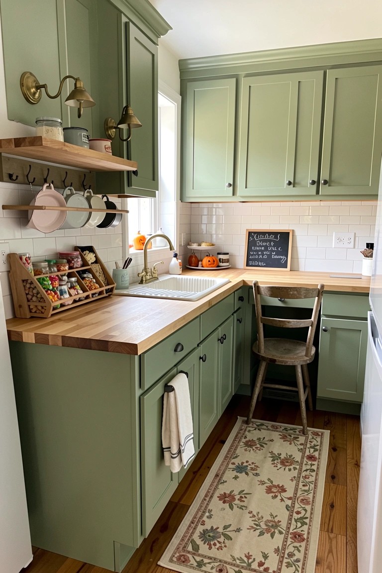 A kitchen interior with sage green cabinets, wooden countertops, a white farmhouse sink, and several small orange pumpkins placed on the counter beside a chalkboard sign.
