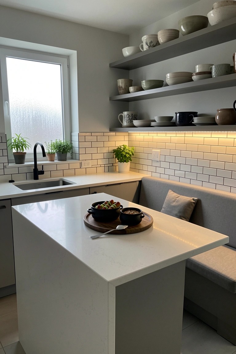 A modern kitchen with a white island, black faucet sink, open gray shelves with dishes, white tile backsplash, and a gray upholstered bench attached to one side of the island.