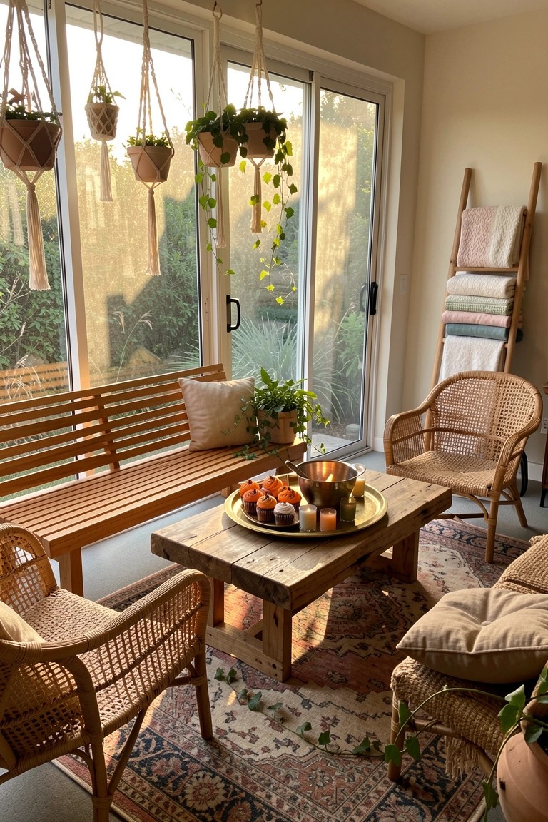 Cozy sunroom with hanging macrame plants, wooden bench, rattan chairs, and patterned rug.