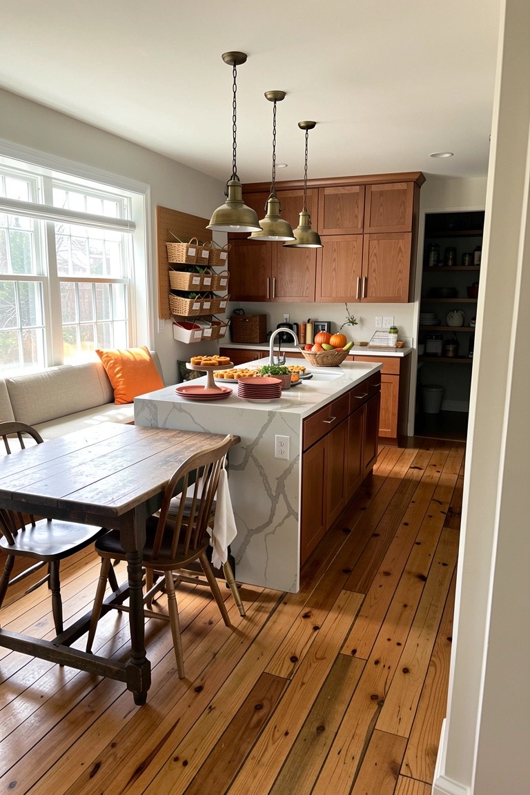 A kitchen interior with a large central island topped in gray marble, surrounded by wooden cabinets, pendant lights, and a wooden dining table nearby.
