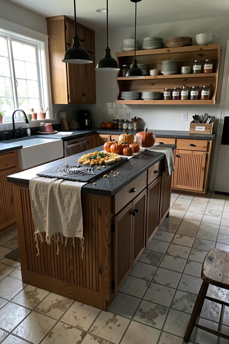 A wooden kitchen island with a cheese board, small pumpkins, and Halloween decorations in a bright kitchen with open shelving and white tile floors.