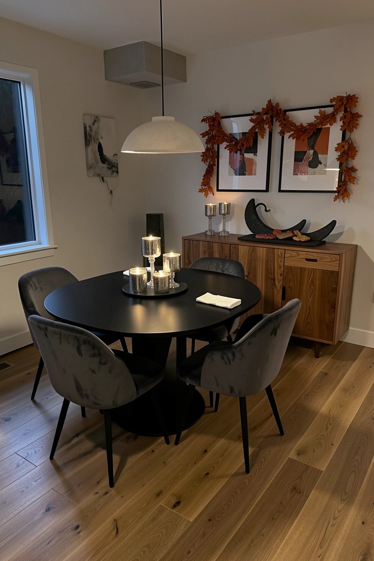 Round black dining table with gray upholstered chairs on wood flooring, next to a wooden sideboard with framed art and autumn leaf garland.