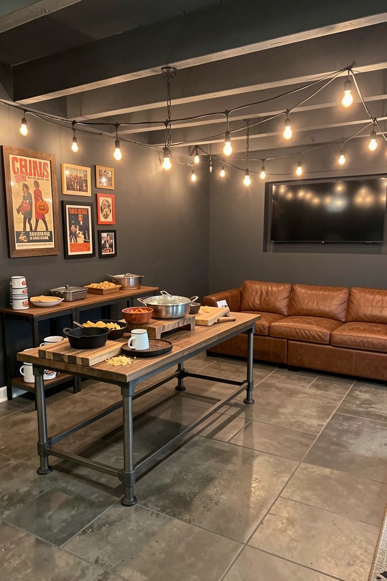 Rustic wooden buffet table with snacks beside brown leather sofa under string lights