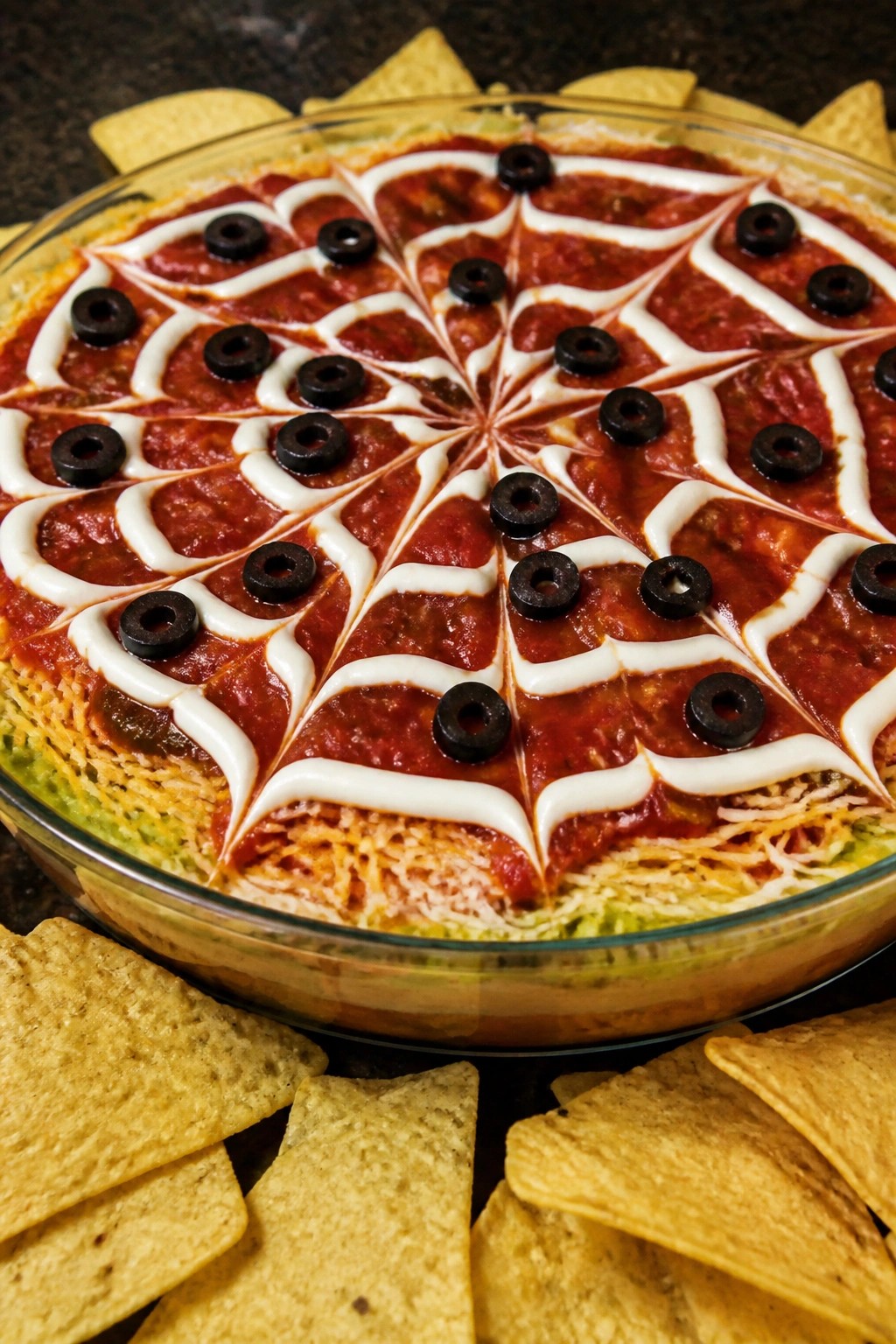 Spiderweb Seven-Layer Taco Dip with Tortilla Chips