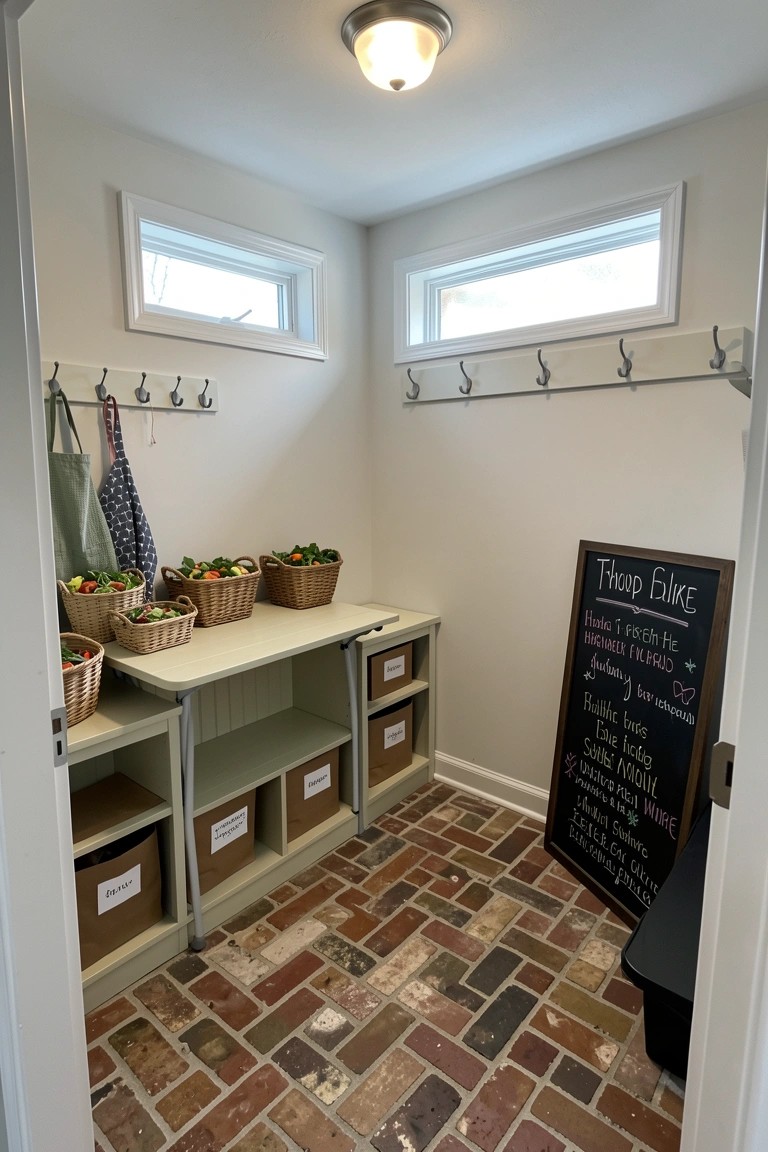Organized pantry with vegetable baskets on bench, labeled bins, wall hooks, and chalkboard.