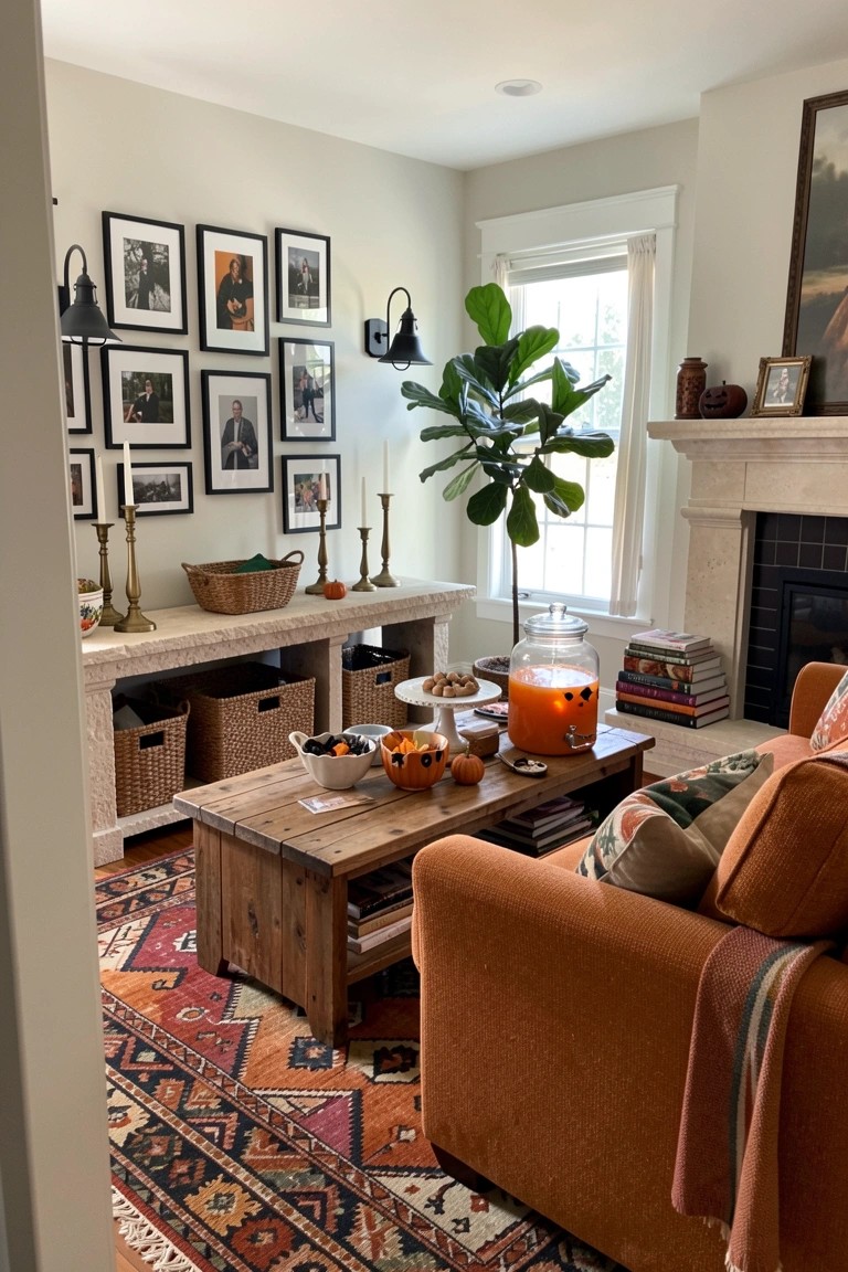 Cozy fall living room with orange sofa, pumpkin punch dispenser, fiddle leaf fig, and gallery wall
