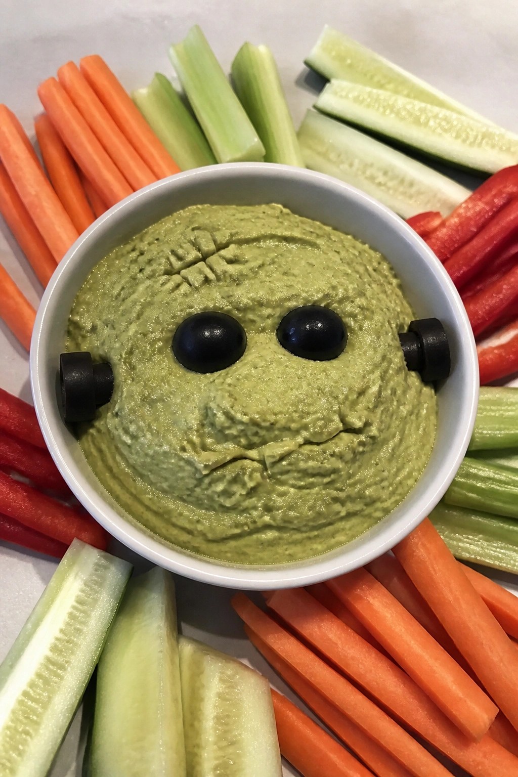 Frankenstein Avocado Hummus with Veggie Stick Dippers