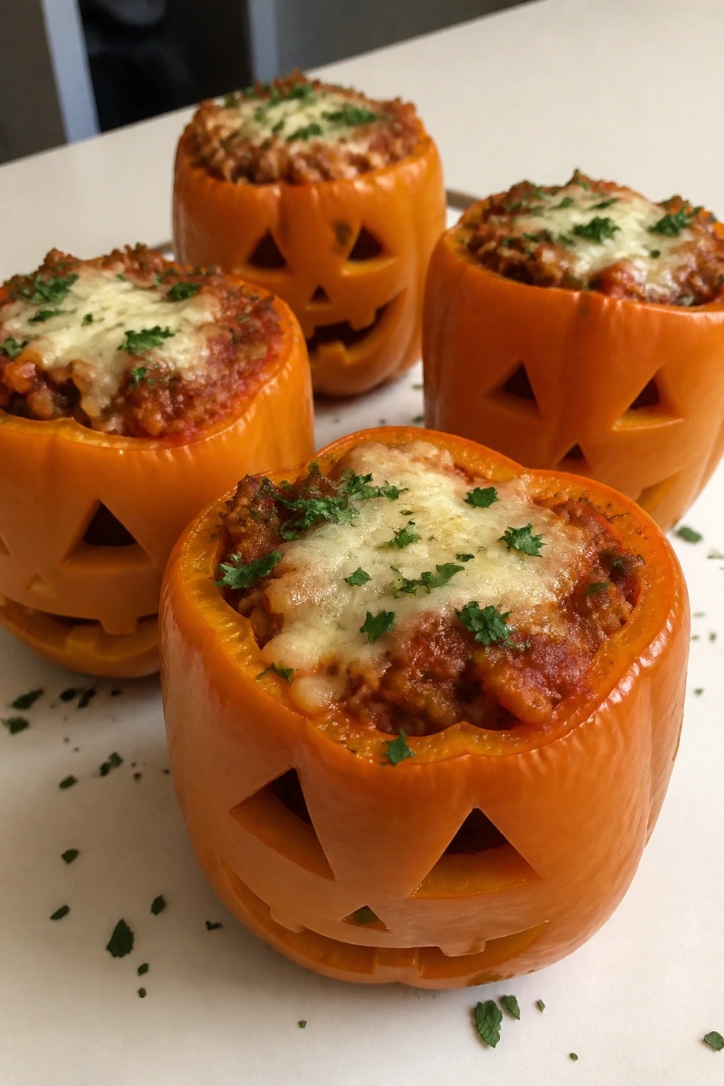 Jack-O'-Lantern Stuffed Bell Peppers with Rice and Sausage