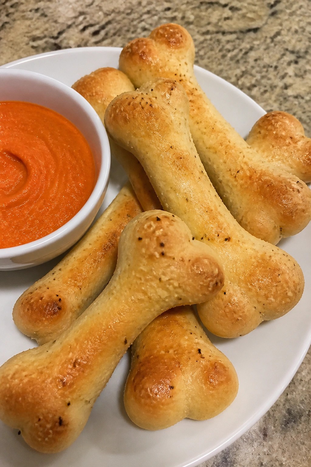 Skeleton Bone Breadsticks with Roasted Red Pepper Dip