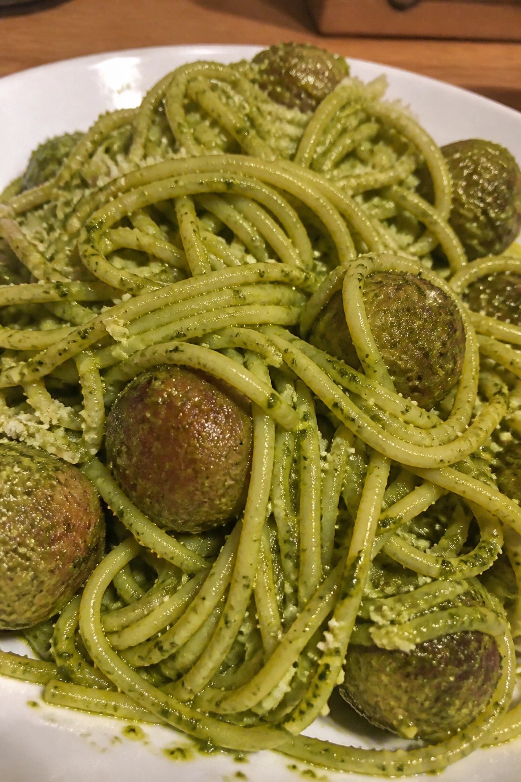 Monster Green Slime Pasta with Pesto and Meatballs