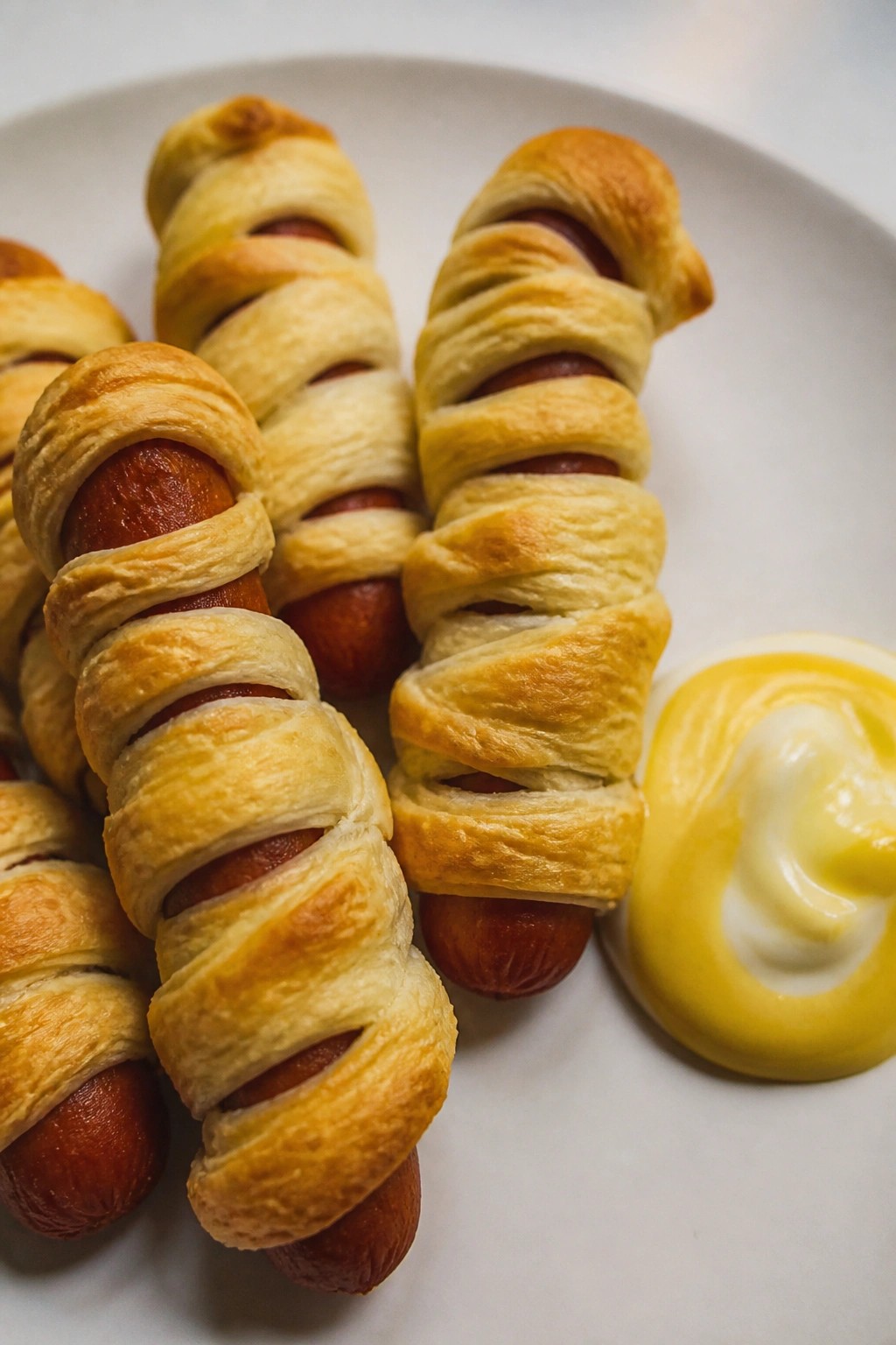 Mummy Hot Dogs Wrapped in Crescent Dough with Mustard Dip
