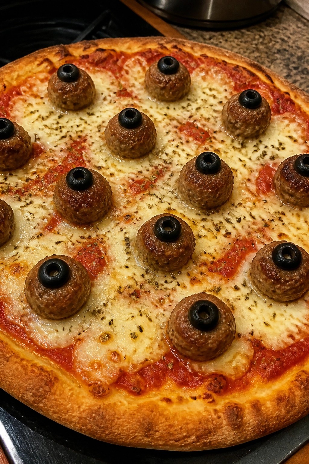 Monster Meatball Eyeball Pizza with Olives