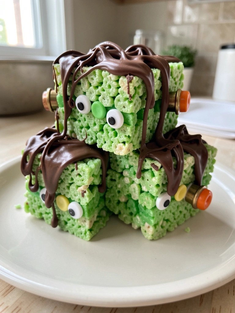 Frankenstein Green Rice Krispie Treats with Chocolate Hair and Candy Bolts