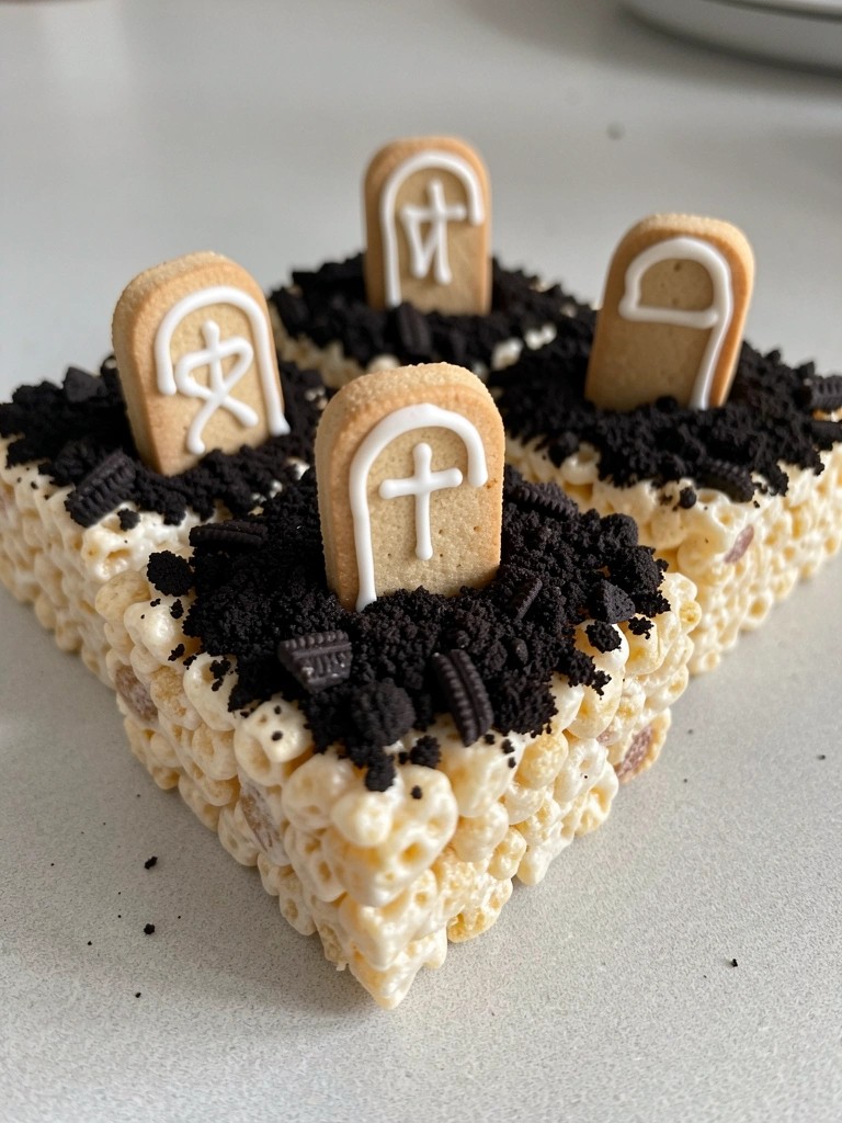 Graveyard Dirt Rice Krispie Treats Topped with Crushed Oreos and Tombstone Cookies