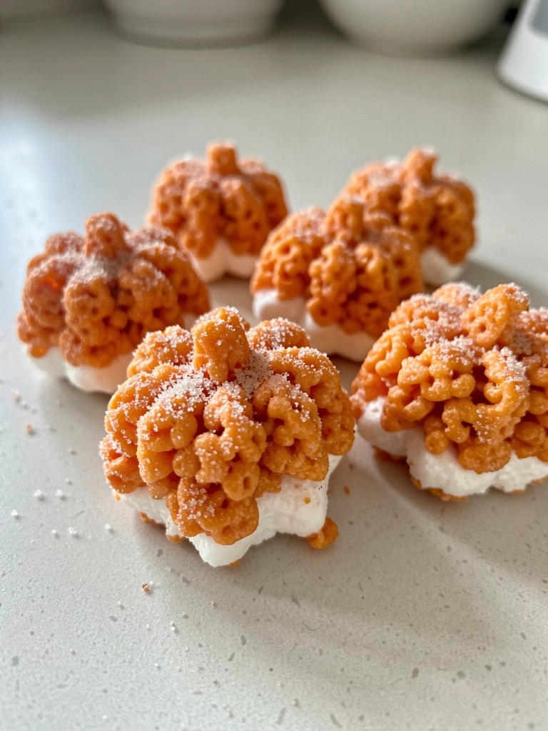 Pumpkin-Shaped Orange Rice Krispie Treats Rolled in Cinnamon Sugar