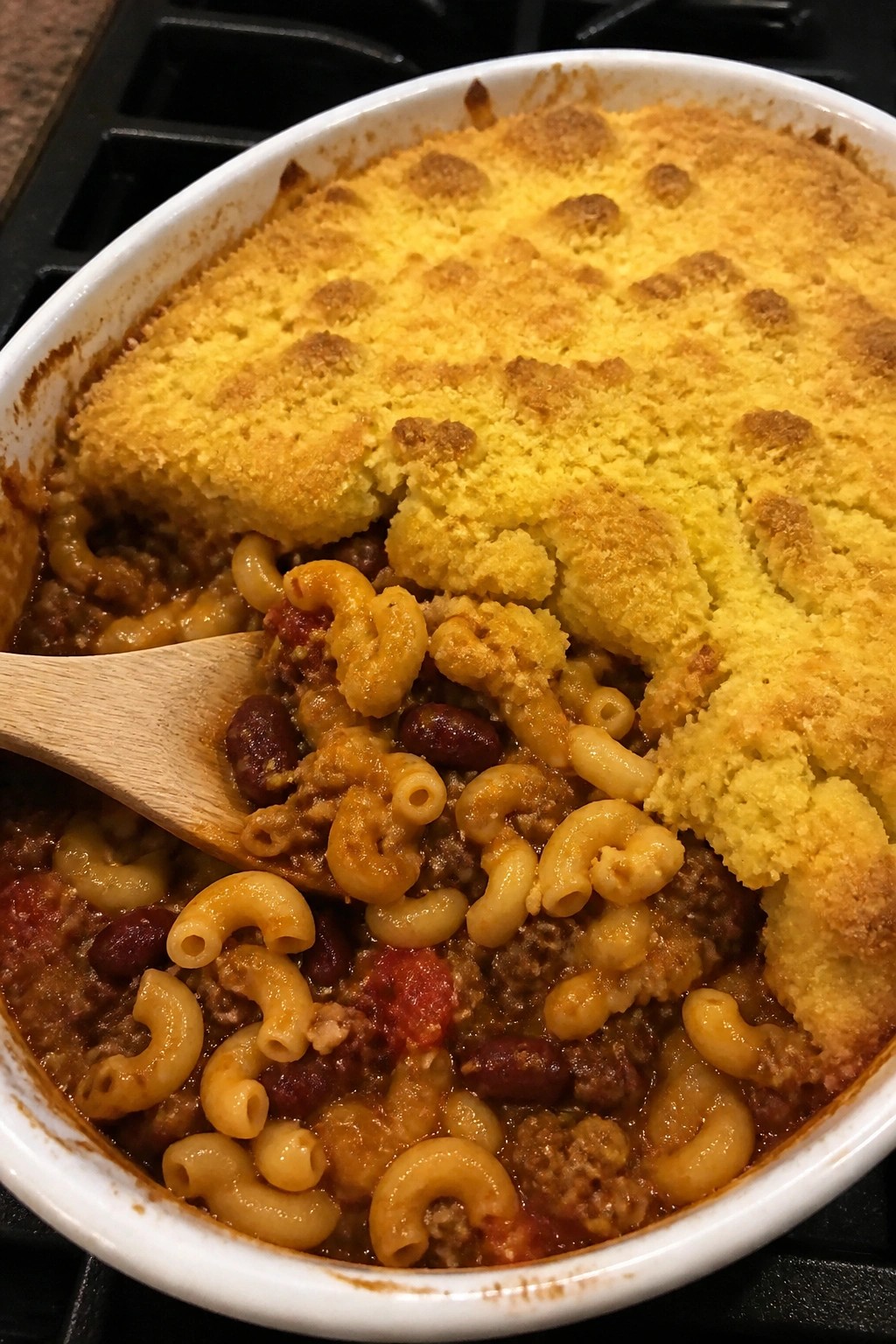 Beef Chili Mac with Cornbread Topping
