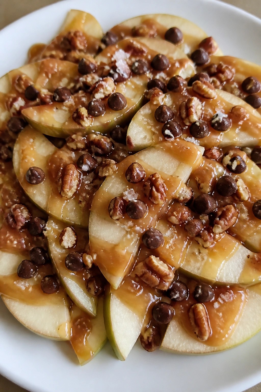 Caramel Apple Nachos with Dark Chocolate and Pecans