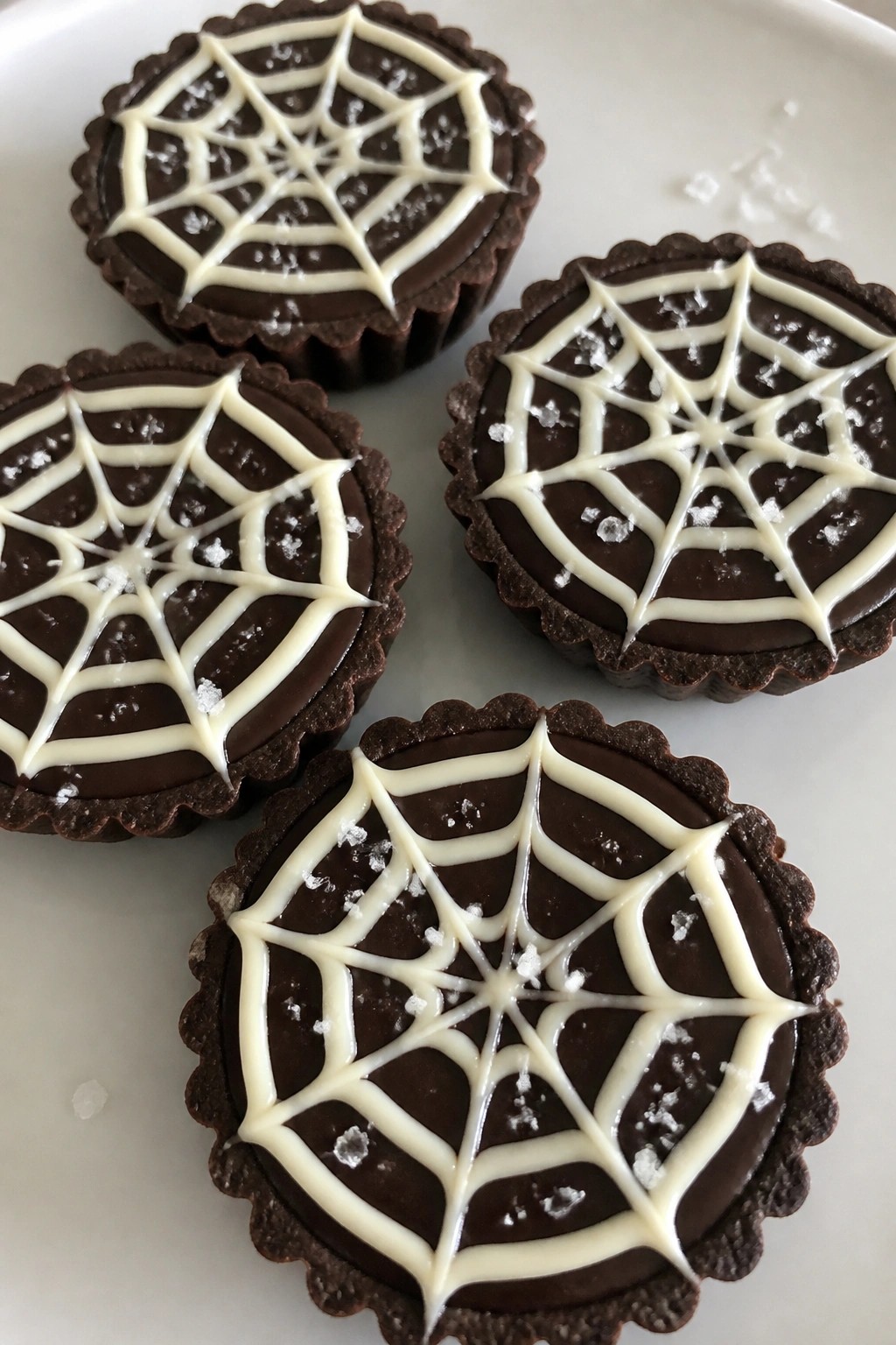 Dark Chocolate Spiderweb Tartlets with Sea Salt