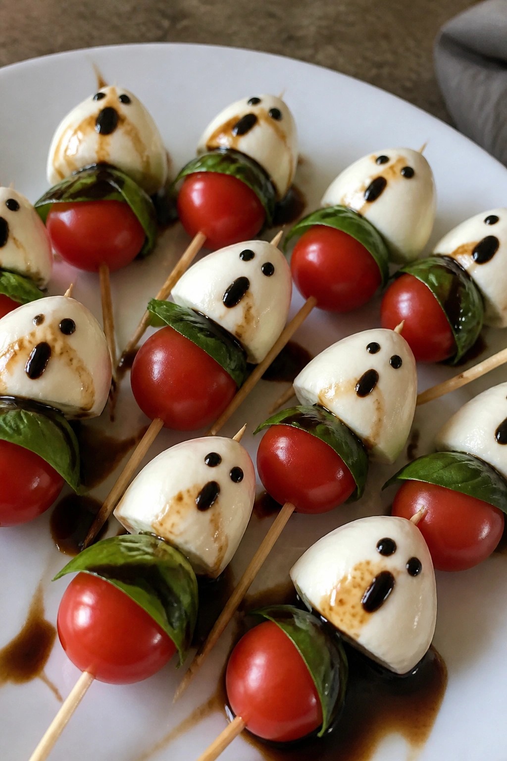 Ghostly Caprese Skewers with Balsamic Glaze