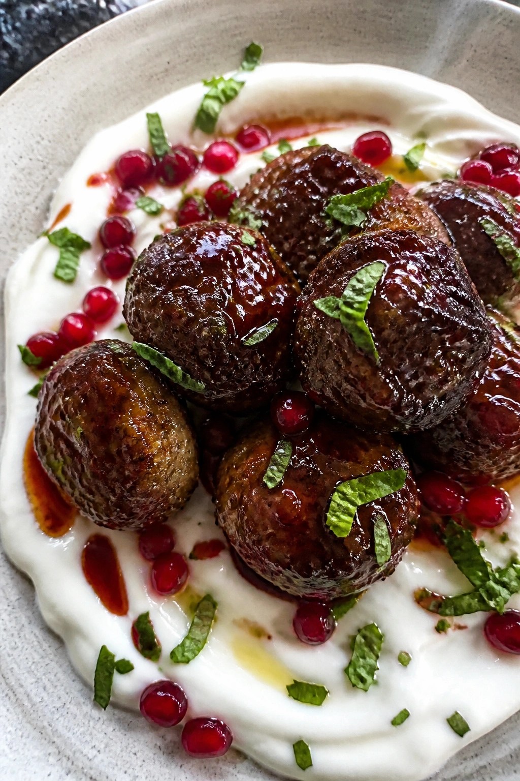 Pomegranate-Glazed Lamb Meatballs with Yogurt Dip