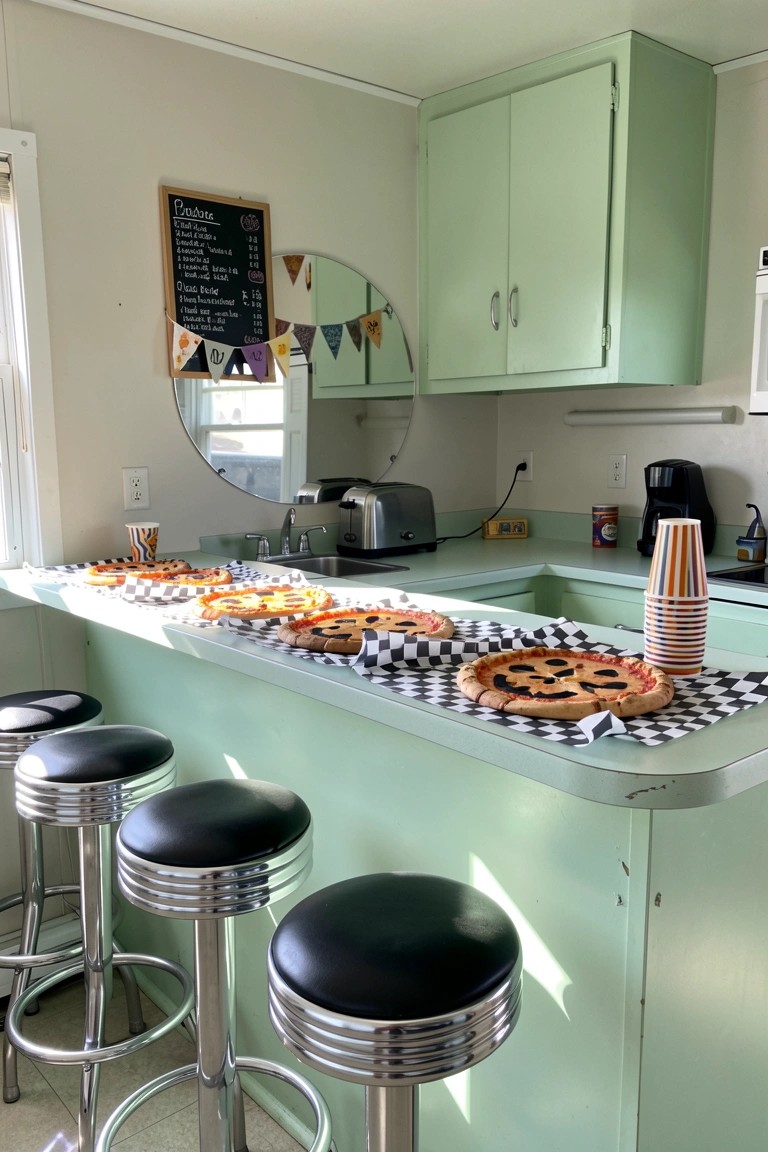 A mint green kitchen with a long counter displaying several pizzas on checkered paper and four black bar stools with chrome bases lined up in front.