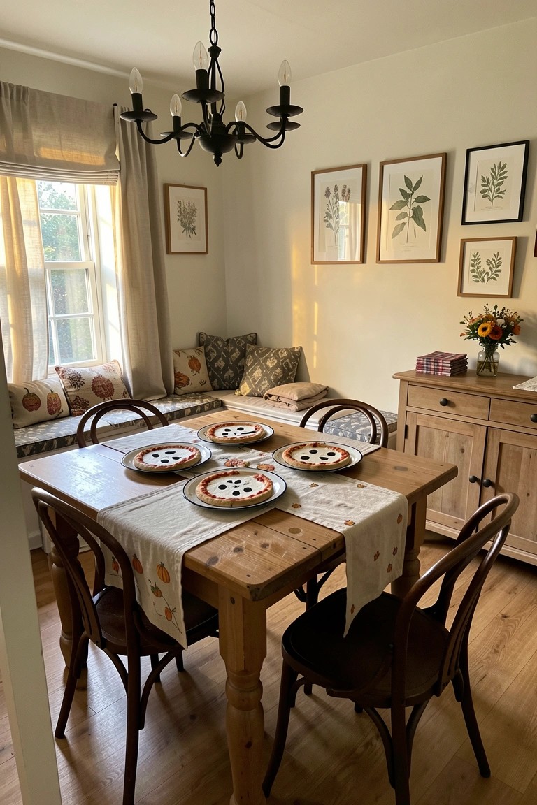 A wooden dining table set with four small pizzas decorated with face designs, placed on plates along a white runner with pumpkin motifs in a bright room with a window seat and framed prints on the wall.