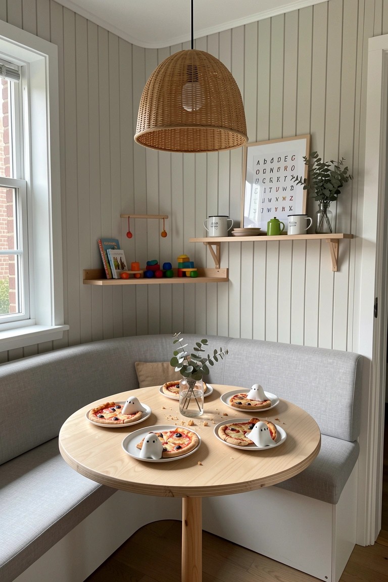 A round wooden table holds four small pizzas with ghost figures in a corner nook lined with gray built-in bench seating, with toy shelves and wall decor visible behind it.