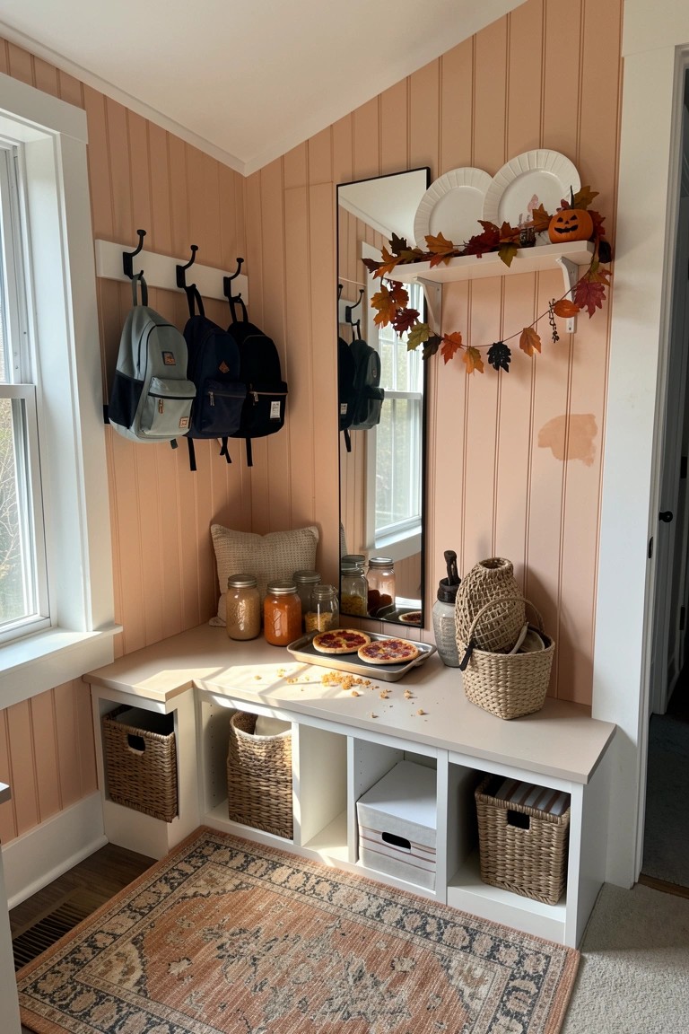 An indoor entryway with peach walls shows a white built-in bench holding a tray of mini pizzas, backpacks hanging on hooks above, and autumn decorations on a shelf beside a mirror.
