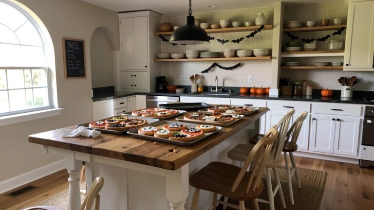 13 Halloween Pizza Ideas for Kids That Are Too Cute to Eat A wooden kitchen island holds multiple metal trays of Halloween-themed pizzas decorated with ghost, spider, and pumpkin shapes.