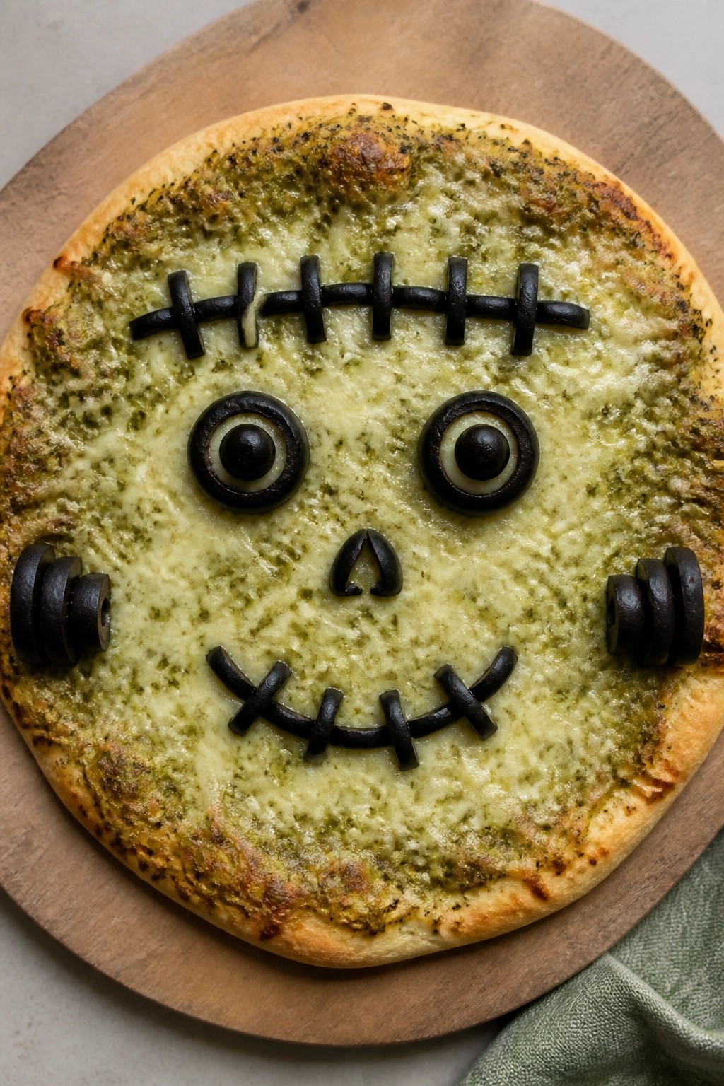 Frankenstein Pesto and Olive Pizza