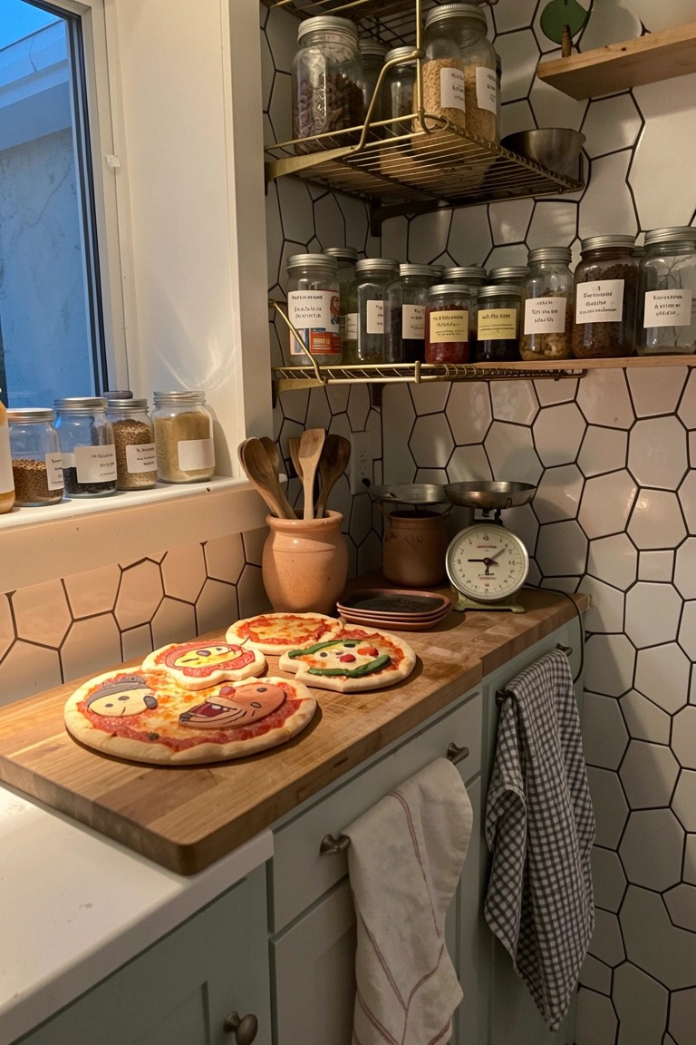 Four face-decorated mini pizzas on wooden board amid jars and kitchen scale