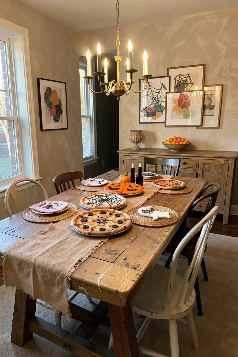 Rustic wooden table set with Halloween pizzas, spiderweb plates, and lit chandelier.