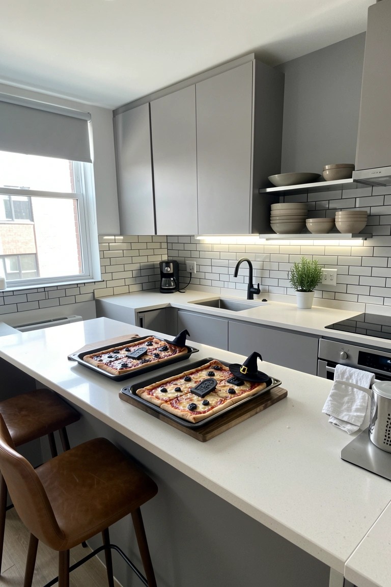 A modern kitchen with two rectangular pizzas on baking trays placed on a white island countertop, decorated with Halloween elements.