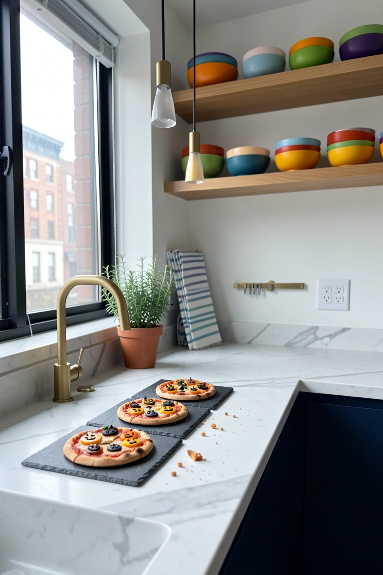 Three Halloween-faced mini pizzas on slate boards atop marble kitchen counter